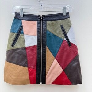 VTG Patchwork Miniskirt BCBG Y2K Multicolor Leather Sz 0  Winter Chic Boho Party